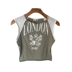 Derek Heart Sleeveless T Shirt Womens Size M Green White London Print Cropped